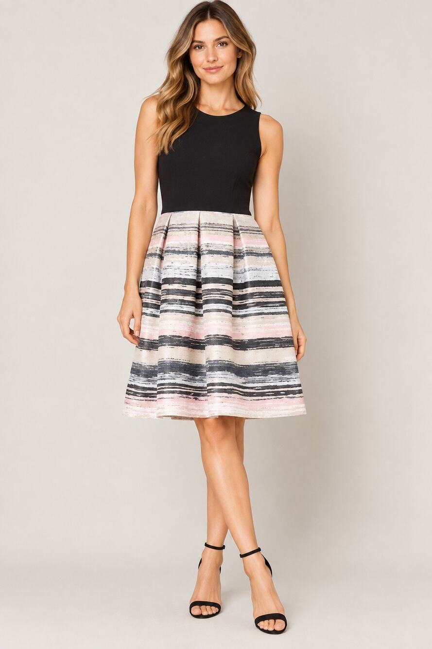 Carmen Marc Valvo Black & Blush Stroke Fit & Flare Dress Size 12